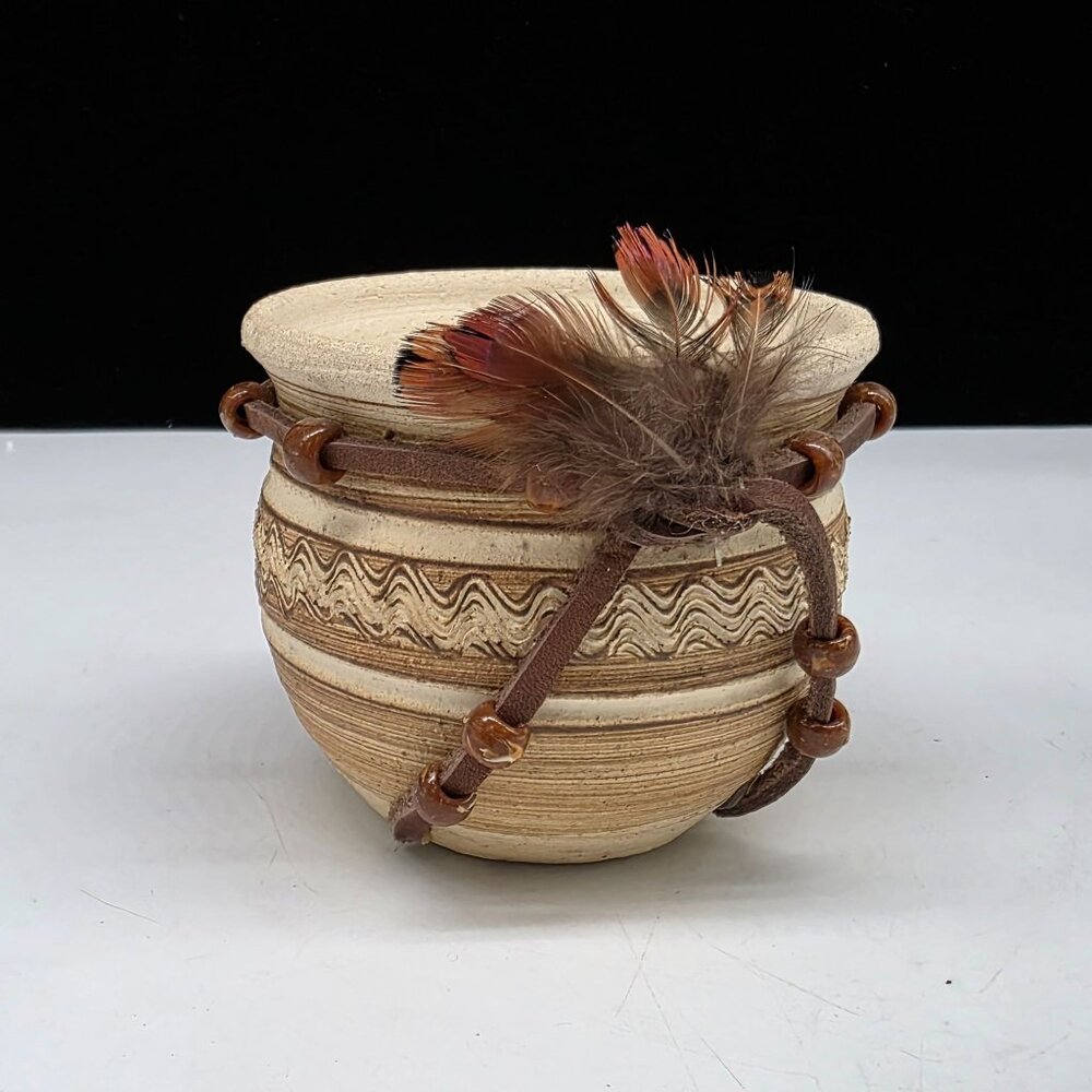 Handcrafted Ceramic Decorative Vessel Pot Planter Leather Straps & Feather Accen
